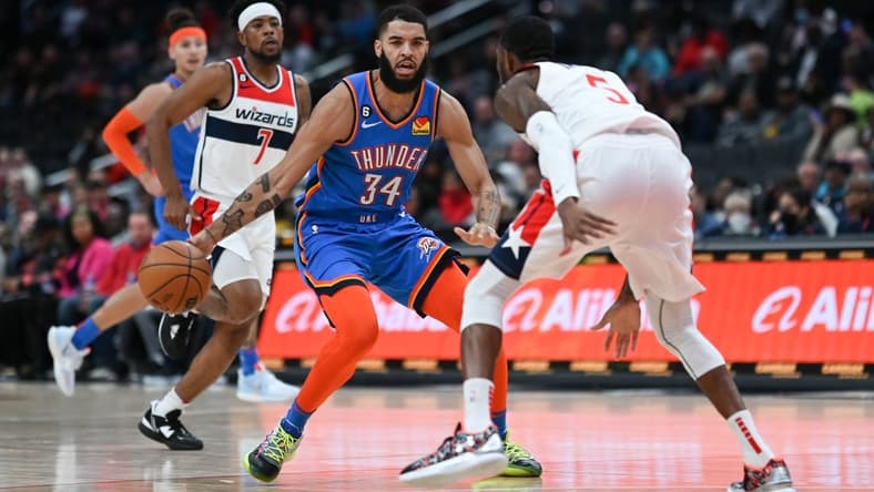 Nov 16, 2022; Washington, District of Columbia, USA;  Oklahoma City Thunder forward Kenrich Williams (34) makes a move to the basket on h5] during the first half at Capital One Arena. Mandatory Credit: Tommy Gilligan-USA TODAY Sports