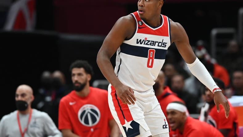 Nov 16, 2022; Washington, District of Columbia, USA; Washington Wizards forward Rui Hachimura (8) defends during the second half against the Oklahoma City Thunder  at Capital One Arena. Mandatory Credit: Tommy Gilligan-USA TODAY Sports