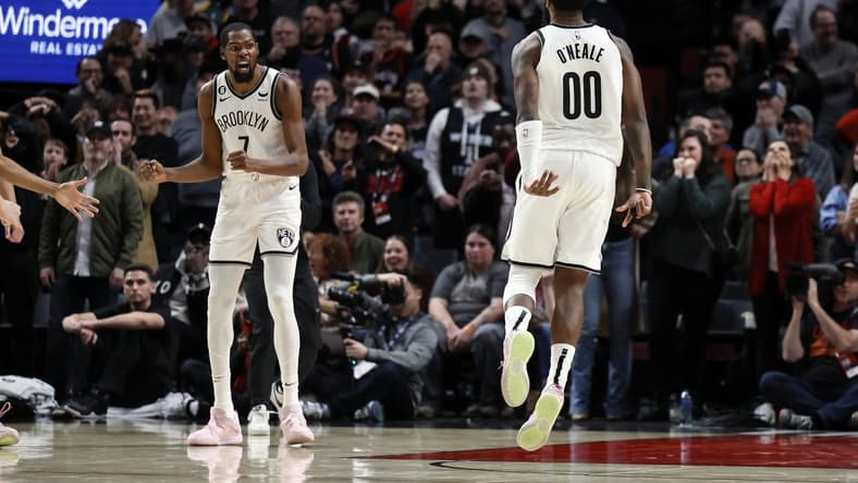 Nov 17, 2022; Portland, Oregon, USA; Brooklyn Nets power forward Royce O'Neale (00) reacts after a shot during the second half against the Portland Trail Blazers at Moda Center. Mandatory Credit: Soobum Im-USA TODAY Sports