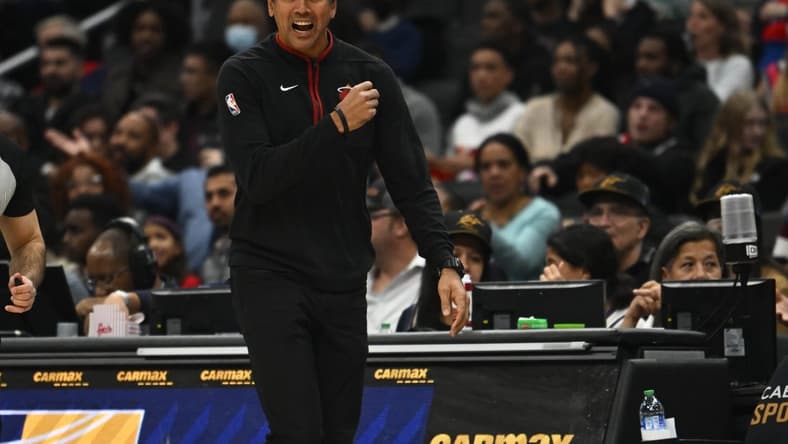 Nov 18, 2022; Washington, District of Columbia, USA; Miami Heat head coach Eric Spoelstra reacts against the Washington Wizards during the first half at Capital One Arena. Mandatory Credit: Brad Mills-USA TODAY Sports