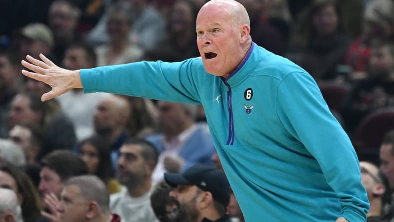 Nov 18, 2022; Cleveland, Ohio, USA; Charlotte Hornets head coach Steve Clifford yells out instructions to his team during the first half against the Cleveland Cavaliers at Rocket Mortgage FieldHouse. Mandatory Credit: Ken Blaze-USA TODAY Sports