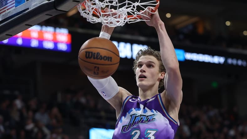 Nov 18, 2022; Salt Lake City, Utah, USA; Utah Jazz forward Lauri Markkanen (23) dunks the ball against the Phoenix Suns in the second quarter at Vivint Arena. Mandatory Credit: Rob Gray-USA TODAY Sports