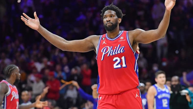 Nov 18, 2022; Philadelphia, Pennsylvania, USA; Philadelphia 76ers center Joel Embiid (21) reacts after making a basket against the Milwaukee Bucks late in the fourth quarter at Wells Fargo Center. Mandatory Credit: Eric Hartline-USA TODAY Sports