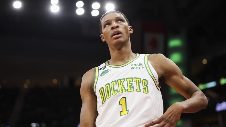 Nov 18, 2022; Houston, Texas, USA; Houston Rockets forward Jabari Smith Jr. (1) reacts after a play during the second quarter against the Indiana Pacers at Toyota Center. Mandatory Credit: Troy Taormina-USA TODAY Sports