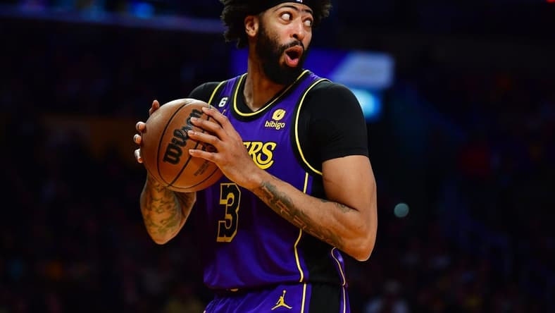 Nov 18, 2022; Los Angeles, California, USA; Los Angeles Lakers forward Anthony Davis (3) reacts during the second half at Crypto.com Arena. Mandatory Credit: Gary A. Vasquez-USA TODAY Sports