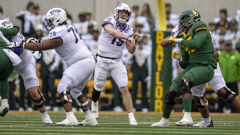 Nov 19, 2022; Waco, Texas, USA; TCU Horned Frogs quarterback Max Duggan (15) passes against the Baylor Bears during the second half at McLane Stadium. Mandatory Credit: Jerome Miron-USA TODAY Sports