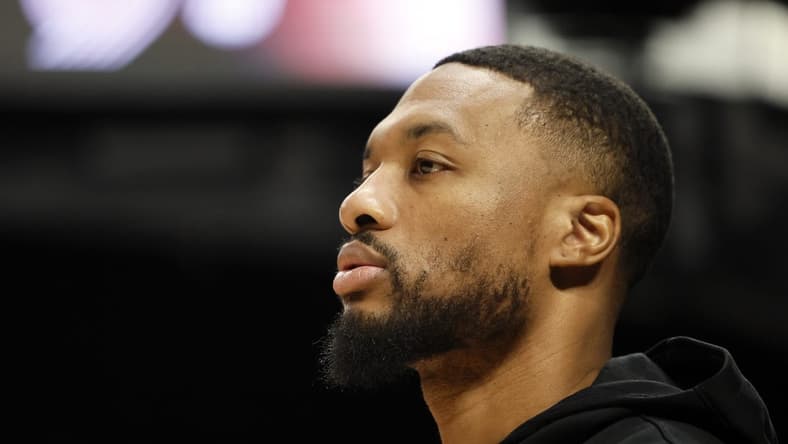 Nov 19, 2022; Portland, Oregon, USA; Portland Trail Blazers point guard Damian Lillard (0) warms up prior to a game against the Utah Jazz at Moda Center. Mandatory Credit: Soobum Im-USA TODAY Sports