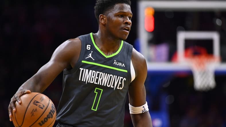 Nov 19, 2022; Philadelphia, Pennsylvania, USA; Minnesota Timberwolves guard Anthony Edwards (1) controls the ball against the Philadelphia 76ers in the first quarter at Wells Fargo Center. Mandatory Credit: Kyle Ross-USA TODAY Sports