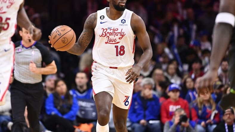 Nov 19, 2022; Philadelphia, Pennsylvania, USA; Philadelphia 76ers guard Shake Milton (18) dribbles against the Minnesota Timberwolves in the third quarter at Wells Fargo Center. Mandatory Credit: Kyle Ross-USA TODAY Sports
