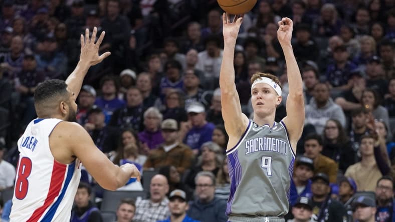 November 20, 2022; Sacramento, California, USA; Sacramento Kings guard Kevin Huerter (9) shoots the basketball against Detroit Pistons guard Cory Joseph (18) during the fourth quarter at Golden 1 Center. Mandatory Credit: Kyle Terada-USA TODAY Sports