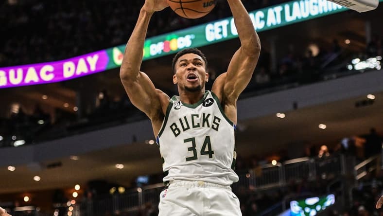 Nov 21, 2022; Milwaukee, Wisconsin, USA; Milwaukee Bucks forward Giannis Antetokounmpo (34) dunks a basket in the first quarter during game against the Portland Trail Blazers at Fiserv Forum. Mandatory Credit: Benny Sieu-USA TODAY Sports