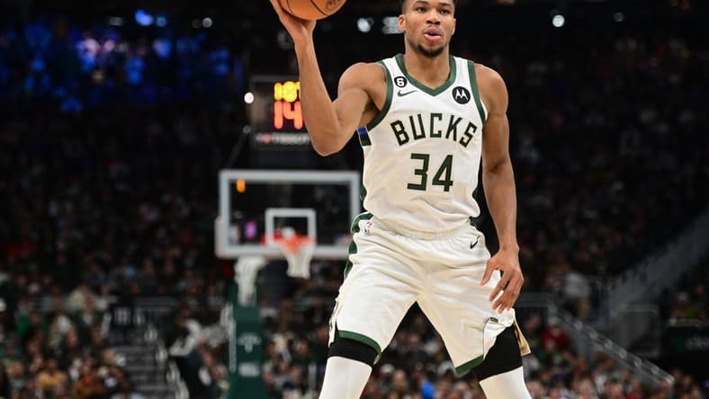 Nov 21, 2022; Milwaukee, Wisconsin, USA; Milwaukee Bucks forward Giannis Antetokounmpo (34) looks to pass the ball in the second quarter during game against the Portland Trail Blazers at Fiserv Forum. Mandatory Credit: Benny Sieu-USA TODAY Sports