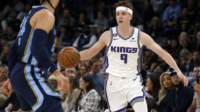 Nov 22, 2022; Memphis, Tennessee, USA; Sacramento Kings guard Kevin Huerter (9) dribbles during the first half against the Memphis Grizzlies at FedExForum. Mandatory Credit: Petre Thomas-USA TODAY Sports