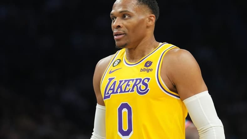 Nov 22, 2022; Phoenix, Arizona, USA; Los Angeles Lakers guard Russell Westbrook (0) looks on against the Phoenix Suns during the first half at Footprint Center. Mandatory Credit: Joe Camporeale-USA TODAY Sports