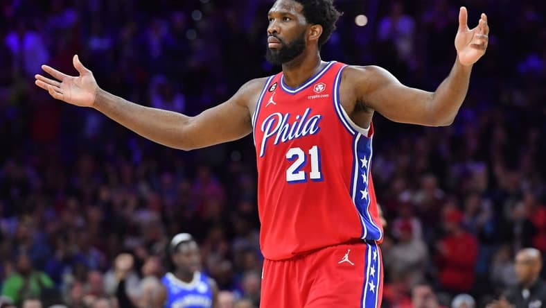 Nov 18, 2022; Philadelphia, Pennsylvania, USA; Philadelphia 76ers center Joel Embiid (21) against the Milwaukee Bucks at Wells Fargo Center. Mandatory Credit: Eric Hartline-USA TODAY Sports