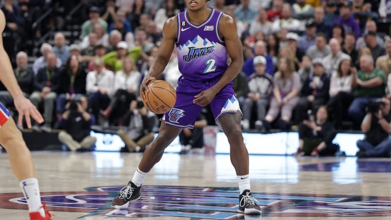 Nov 23, 2022; Salt Lake City, Utah, USA; Utah Jazz guard Collin Sexton (2) controls the ball during the second half against the Detroit Pistons at Vivint Arena. Mandatory Credit: Chris Nicoll-USA TODAY Sports