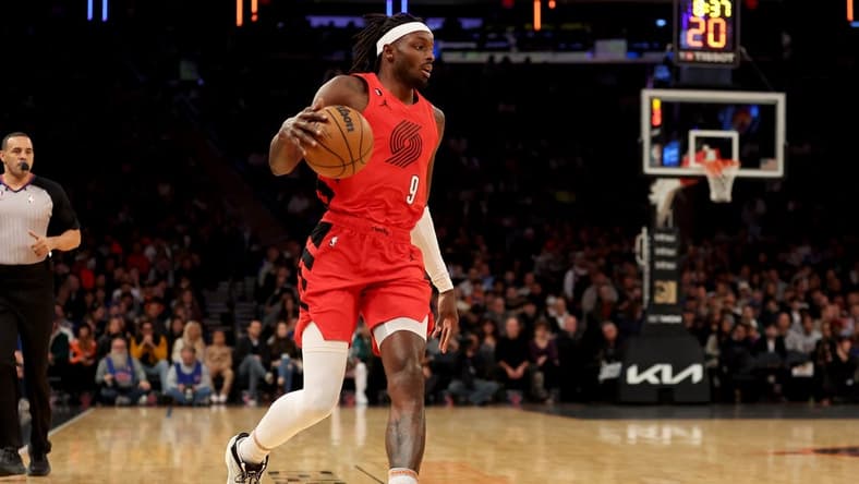 Nov 25, 2022; New York, New York, USA; Portland Trail Blazers forward Jerami Grant (9) brings the ball up court against the New York Knicks during the first quarter at Madison Square Garden. Mandatory Credit: Brad Penner-USA TODAY Sports