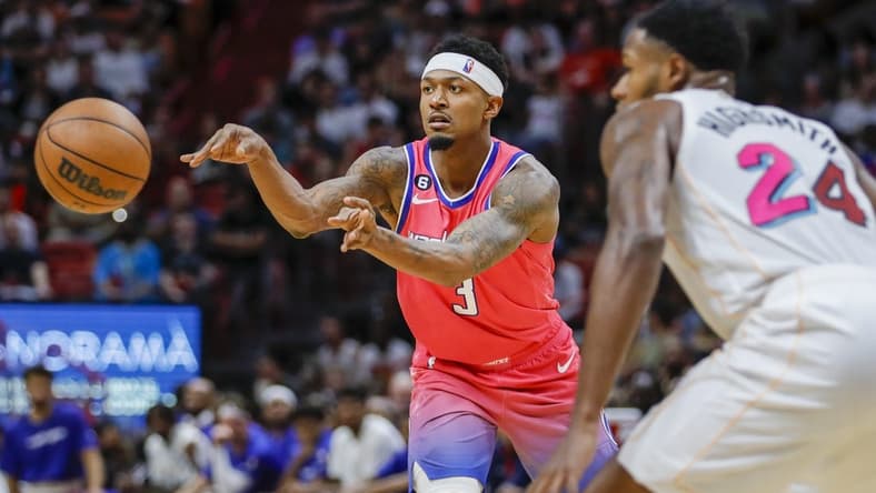 Nov 25, 2022; Miami, Florida, USA; Washington Wizards guard Bradley Beal (3) passes the ball during the second quarter against the Miami Heat at FTX Arena. Mandatory Credit: Sam Navarro-USA TODAY Sports