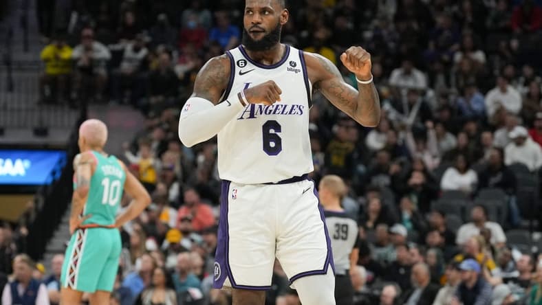 Nov 25, 2022; San Antonio, Texas, USA; Los Angeles Lakers forward LeBron James (6) celebrates in the second half against the San Antonio Spurs at the AT&T Center. Mandatory Credit: Daniel Dunn-USA TODAY Sports
