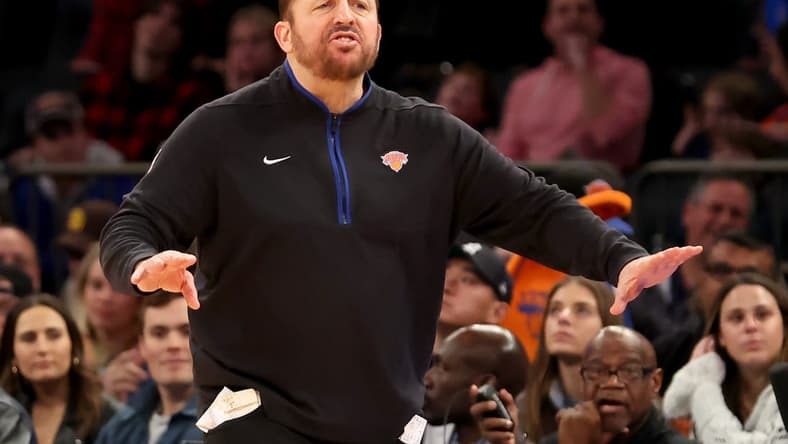 Nov 25, 2022; New York, New York, USA; New York Knicks head coach Tom Thibodeau coaches against the Portland Trail Blazers during overtime at Madison Square Garden. Mandatory Credit: Brad Penner-USA TODAY Sports