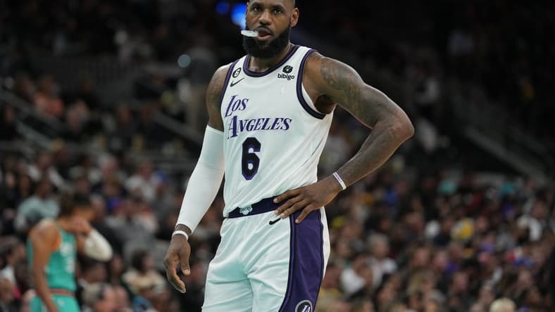 Nov 25, 2022; San Antonio, Texas, USA; Los Angeles Lakers forward LeBron James (6) looks on in the second half against the San Antonio Spurs at the AT&T Center. Mandatory Credit: Daniel Dunn-USA TODAY Sports