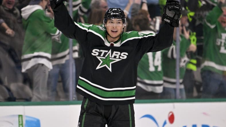 Nov 25, 2022; Dallas, Texas, USA; Dallas Stars left wing Jason Robertson (21) celebrates scoring the game tying goal against the Winnipeg Jets during the third period at the American Airlines Center. Mandatory Credit: Jerome Miron-USA TODAY Sports