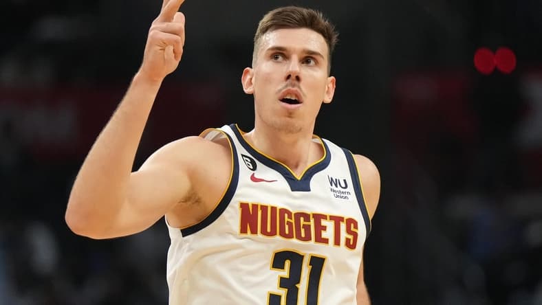 Nov 25, 2022; Los Angeles, California, USA; Denver Nuggets forward Vlatko Cancar (31) gestures against the LA Clippers in the second half at Crypto.com Arena. Mandatory Credit: Kirby Lee-USA TODAY Sports