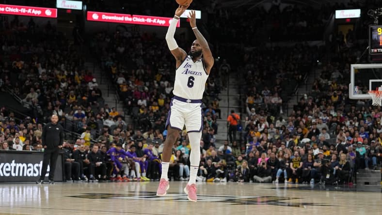 Nov 26, 2022; San Antonio, Texas, USA; Los Angeles Lakers forward LeBron James (6) shoots in the first half against the San Antonio Spurs at the AT&T Center. Mandatory Credit: Daniel Dunn-USA TODAY Sports