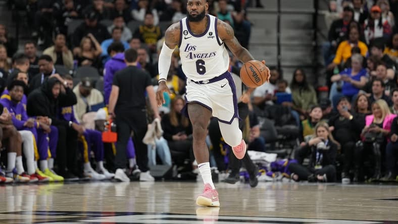 Nov 26, 2022; San Antonio, Texas, USA; Los Angeles Lakers forward LeBron James (6) dribbles in the first half against the San Antonio Spurs at the AT&T Center. Mandatory Credit: Daniel Dunn-USA TODAY Sports