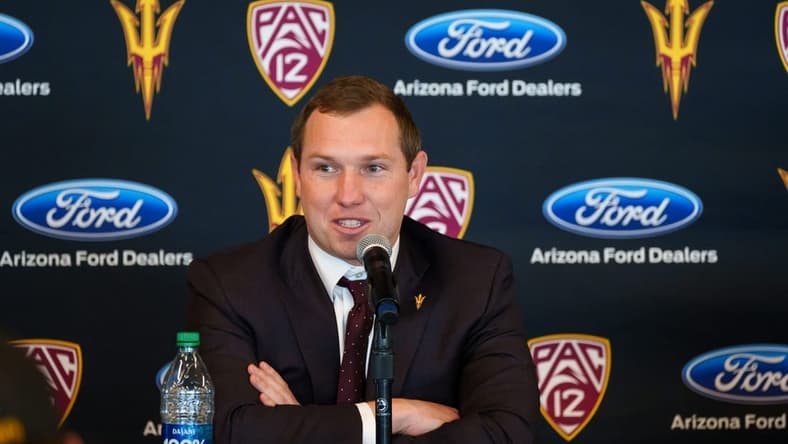 Kenny Dillingham speaks at his introductory press conference as ASU's 26th head football coach on Nov 27, 2022 in Sun Devil Stadium in Tempe, AZ.
Football Coach