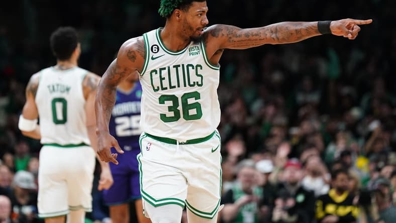 Nov 28, 2022; Boston, Massachusetts, USA; Boston Celtics guard Marcus Smart (36) reacts after a play against the Charlotte Hornets in the first quarter at TD Garden. Mandatory Credit: David Butler II-USA TODAY Sports