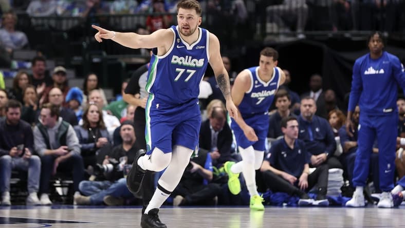 Nov 29, 2022; Dallas, Texas, USA;  Dallas Mavericks guard Luka Doncic (77) reacts during the first quarter against the Golden State Warriors  at American Airlines Center. Mandatory Credit: Kevin Jairaj-USA TODAY Sports