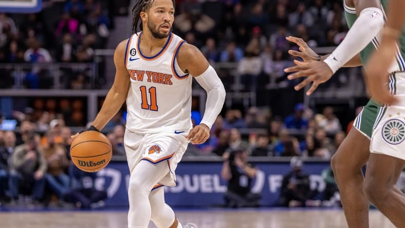 Nov 29, 2022; Detroit, Michigan, USA; New York Knicks guard Jalen Brunson (11) moves the ball up court against the Detroit Pistons during the second quarter at Little Caesars Arena. Mandatory Credit: David Reginek-USA TODAY Sports