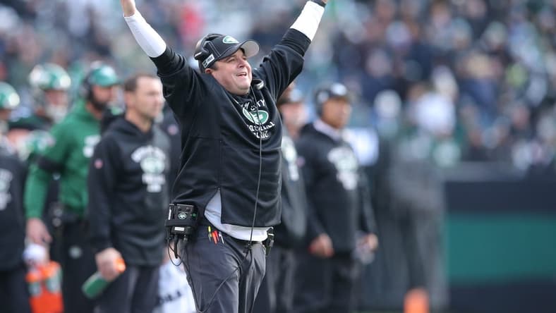 Dec 8, 2019; East Rutherford, NJ, USA; New York Jets offensive coordinator Dowell Loggains reacts during the second quarter against the Miami Dolphins at MetLife Stadium. Mandatory Credit: Brad Penner-USA TODAY Sports