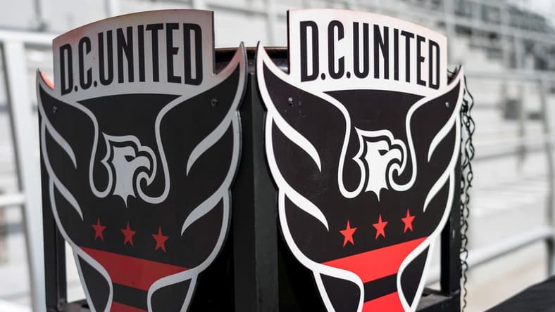 Feb 29, 2020; Washington, D.C., USA; A detailed view of D.C. United logos on the sideline before the game between the D.C. United and the Colorado Rapids at Audi Field. Mandatory Credit: Scott Taetsch-USA TODAY Sports