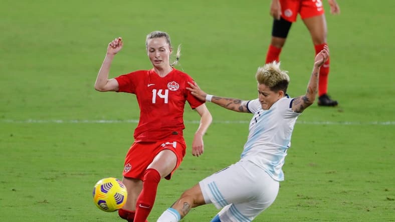 Feb 21, 2021; Orlando, Florida, USA; Argentina forward  Yamila Rodriguez (11) blocks a kick by Canada midfielder  Gabrielle Carle (14)  during the first half of She Believes Cup soccer match at Exploria Stadium. Mandatory Credit: Mike Watters-USA TODAY Sports
