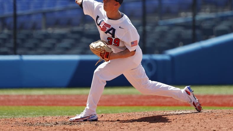 Aug 4, 2021; Yokohama, Japan; USA pitcher Scott McGough throws against Dominican Republic in a baseball contest during the Tokyo 2020 Olympic Summer Games at Yokohama Baseball Stadium. Mandatory Credit: Yukihito Taguchi-USA TODAY Sports