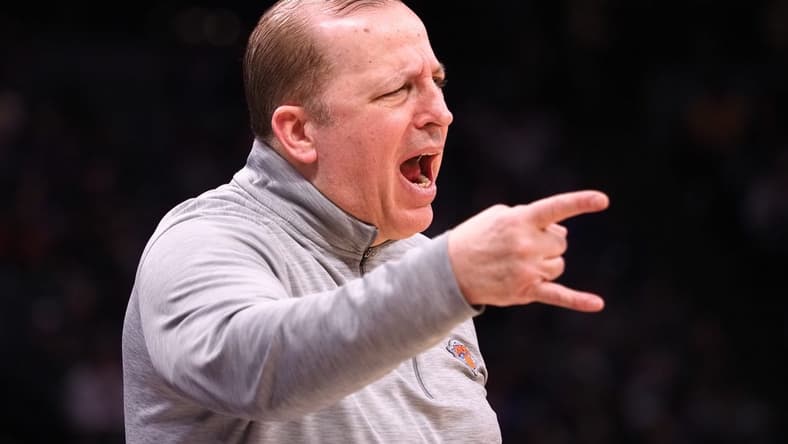 Mar 7, 2022; Sacramento, California, USA; New York Knicks head coach Tom Thibodeau calls out from the sideline during the fourth quarter against the Sacramento Kings at Golden 1 Center. Mandatory Credit: Kelley L Cox-USA TODAY Sports