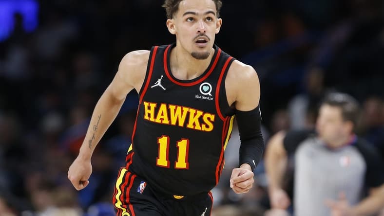 Mar 30, 2022; Oklahoma City, Oklahoma, USA; Atlanta Hawks guard Trae Young (11) runs down the court during the second half against the Oklahoma City Thunder at Paycom Center. Mandatory Credit: Alonzo Adams-USA TODAY Sports