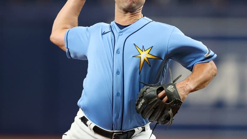 Apr 23, 2022; St. Petersburg, Florida, USA; Tampa Bay Rays relief pitcher J.P. Feyereisen (34) throws a pitch against the Boston Red Sox in the second inning at Tropicana Field. Mandatory Credit: Nathan Ray Seebeck-USA TODAY Sports