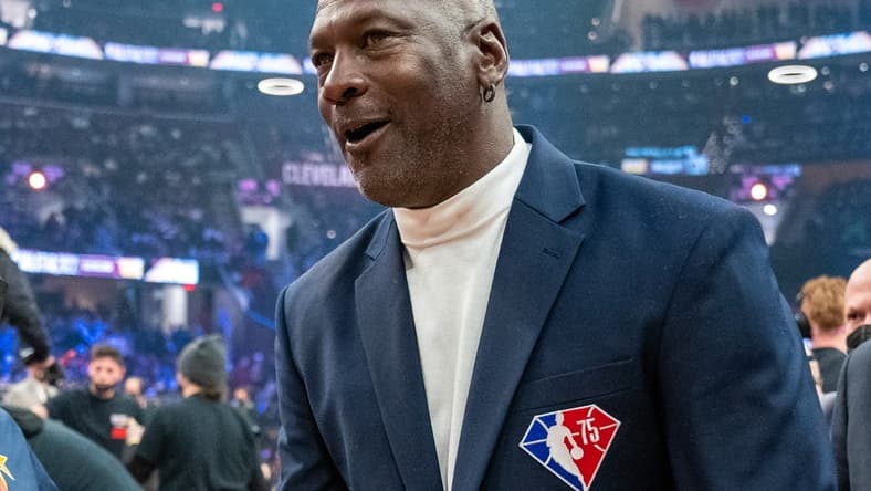 February 20, 2022; Cleveland, Ohio, USA; NBA great Michael Jordan is honored for being selected to the NBA 75th Anniversary Team during halftime in the 2022 NBA All-Star Game at Rocket Mortgage FieldHouse. Mandatory Credit: Kyle Terada-USA TODAY Sports