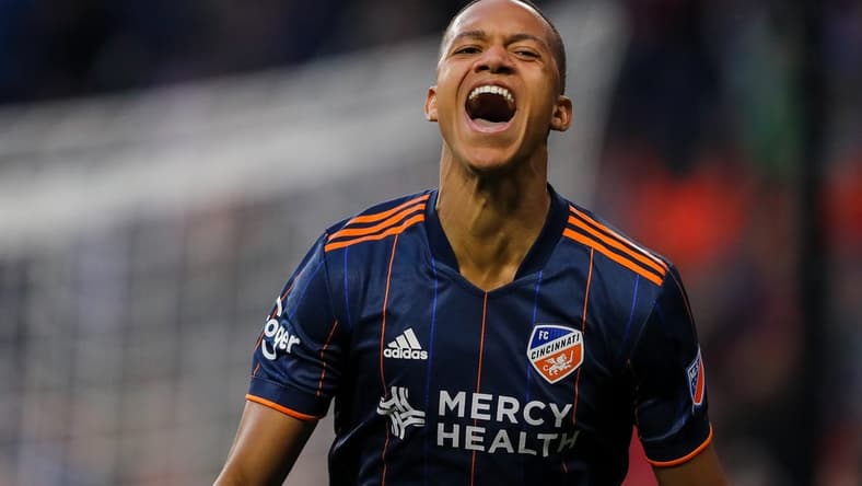 May 4, 2022; Cincinnati, Ohio, USA; FC Cincinnati forward Calvin Harris (12) reacts after scoring a goal against Toronto FC in the first half at TQL Stadium. Mandatory Credit: Katie Stratman-USA TODAY Sports