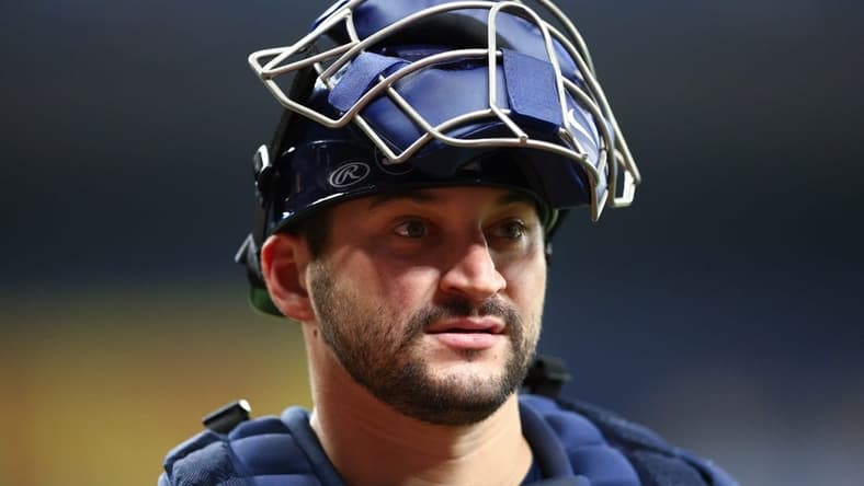 May 14, 2022; St. Petersburg, Florida, USA; Tampa Bay Rays catcher Mike Zunino (10) looks on in the ninth inning during a game against the Toronto Blue Jays at Tropicana Field. Mandatory Credit: Nathan Ray Seebeck-USA TODAY Sports