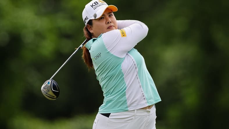 Jun 24, 2022; Bethesda, Maryland, USA; Inbee Park plays her shot from the 18th tee during the second round of the KPMG Women's PGA Championship golf tournament at Congressional Country Club. Mandatory Credit: Scott Taetsch-USA TODAY Sports