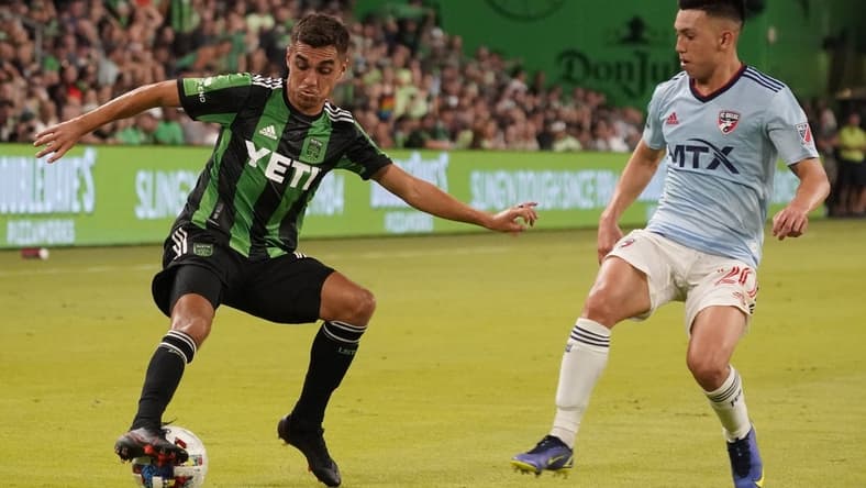 Jun 25, 2022; Austin, Texas, USA; Austin FC midfielder Hector Jimenez (16) keeps the ball away from FC Dallas forward Alan Velasco (20) in the first half at Q2 Stadium. Mandatory Credit: Scott Wachter-USA TODAY Sports