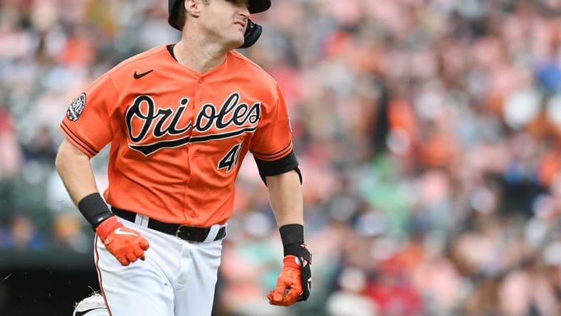Jul 9, 2022; Baltimore, Maryland, USA; Baltimore Orioles third baseman Tyler Nevin (41) singles during the third inning against the Los Angeles Angels at Oriole Park at Camden Yards. Mandatory Credit: Tommy Gilligan-USA TODAY Sports