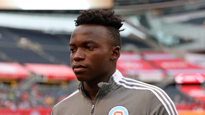 Jul 16, 2022; Chicago, Illinois, USA; Chicago Fire defender Jhon Espinoza (14) during the first half at Soldier Field. Mandatory Credit: Mike Dinovo-USA TODAY Sports