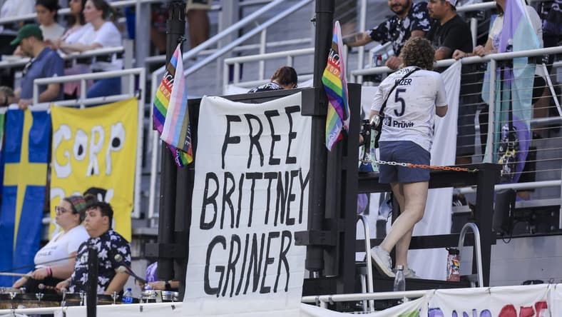 Aug 5, 2022; Louisville, Kentucky, USA; A sign supporting Brittney Griner (not pictured), who has recently been sentenced to nine years in prison in Russia, is displayed during the first half of the game between the Washington Spirit and Racing Louisville FC at Lynn Family Stadium. Mandatory Credit: Aaron Doster-USA TODAY Sports