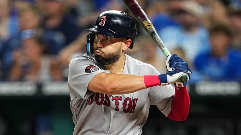 Aug 5, 2022; Kansas City, Missouri, USA; Boston Red Sox first baseman Eric Hosmer (35) bats against the Kansas City Royals during the sixth inning at Kauffman Stadium. Mandatory Credit: Jay Biggerstaff-USA TODAY Sports