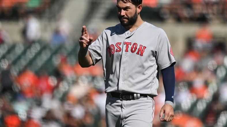 Aug 20, 2022; Baltimore, Maryland, USA; Boston Red Sox first baseman Eric Hosmer (35) walks across the field during the second inning against the Baltimore Orioles at Oriole Park at Camden Yards. Mandatory Credit: Tommy Gilligan-USA TODAY Sports